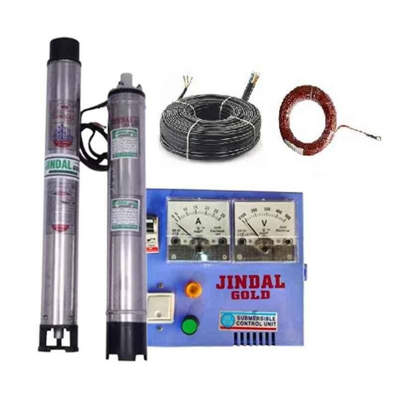 Jindal Gold Plus 1HP 3 inch Single Phase Water Filled Submersible Pump for Borewell with Control Panel, 30 m Wire, 30 m Submersible Cable & 1 Year Warranty Jindal Gold Plus 1HP 3 inch Single Phase Water Filled Submersible Pump for Borewell with Control Panel, 30 m Wire, 30 m Submersible Cable & 1 Year Warranty