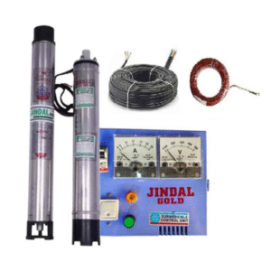 Jindal Gold Plus 1HP 4 inch Single Phase Pure Copper Water Filled Submersible Pump for Borewell with Control Panel, 30m Safety Wire, Submersible Cable